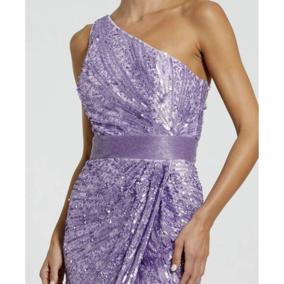 Mac Duggal Purple Sequined One Shoulder Lace Up Gown Dress Sz 0 NWT - Picture 2 of 8